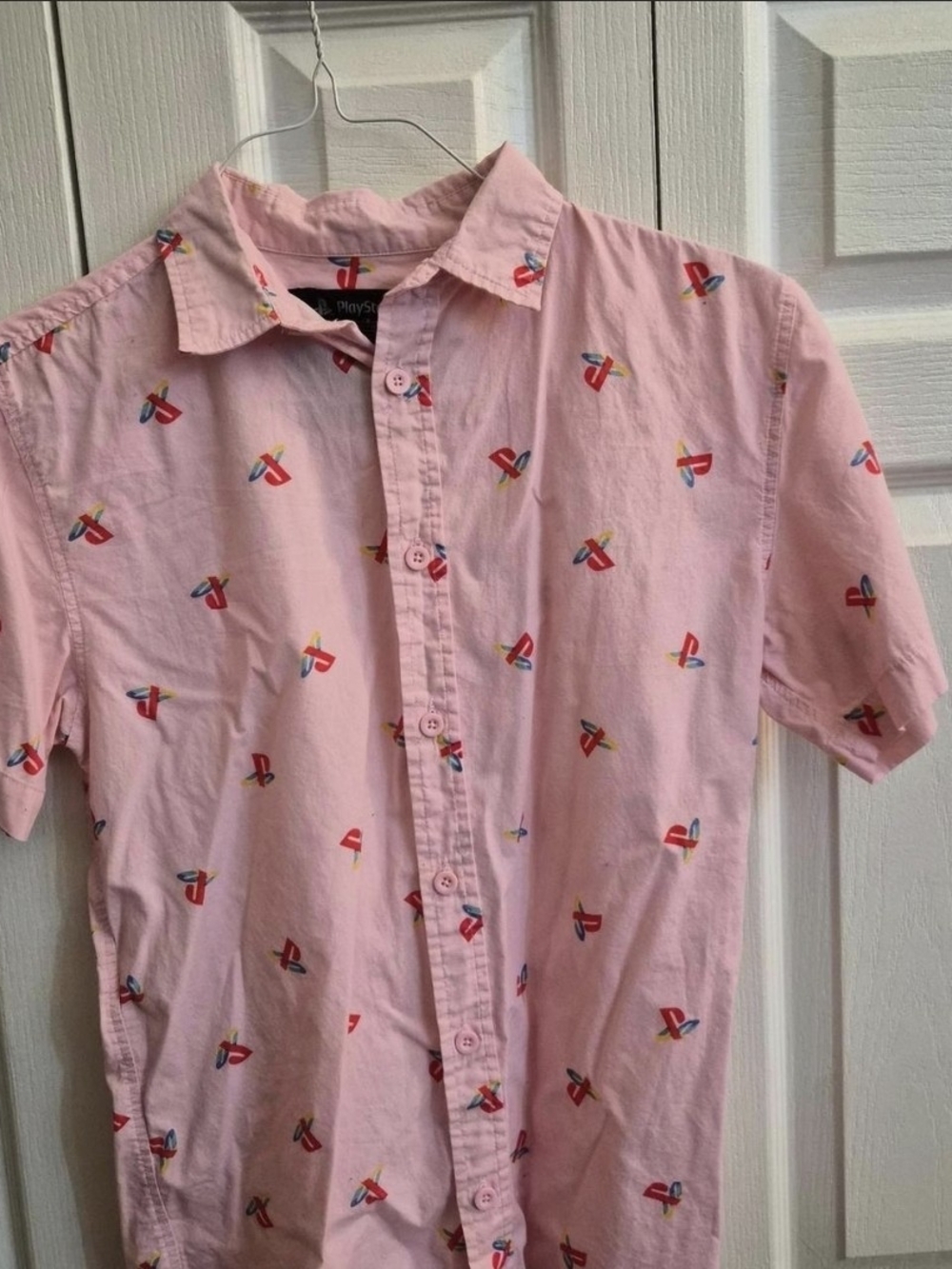 Pink PlayStation Short-Sleeve Button-Down Shirt with Multicolor Logo Motifs